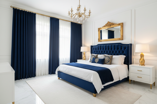 white gold navy blue bedroom